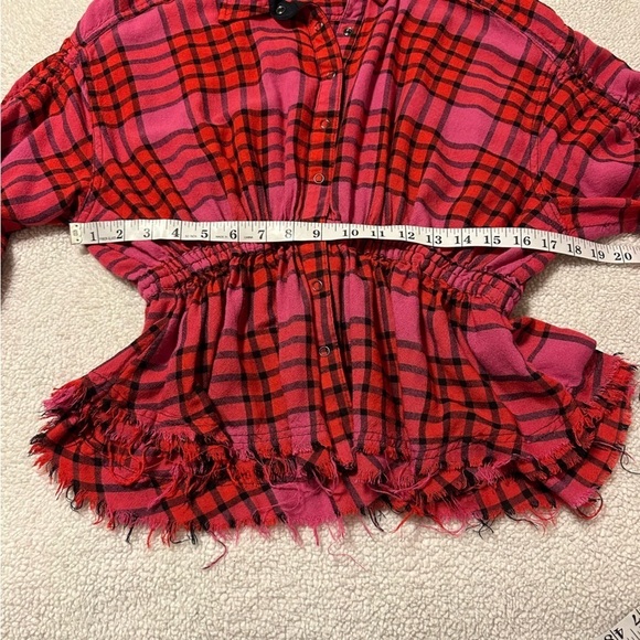 Free People Pink Red Combo Plaid Ruched Sleeve Pacific Dawn Blouse - Picture 9 of 14